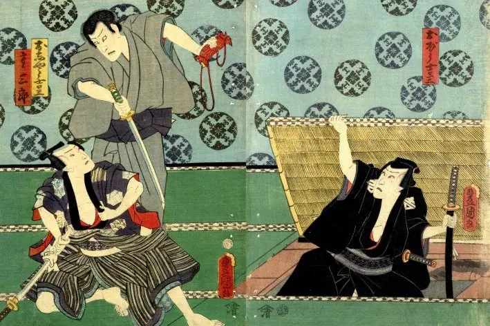 Utagava Kuņisada (歌川国貞 / Utagawa Kunisada, 1786-1865). Aina no izrādes "Sanņin Kičisa Kuruva no Hacugai". 1860. Papīrs, krāsains kokgriezums. LNMM kolekcija.